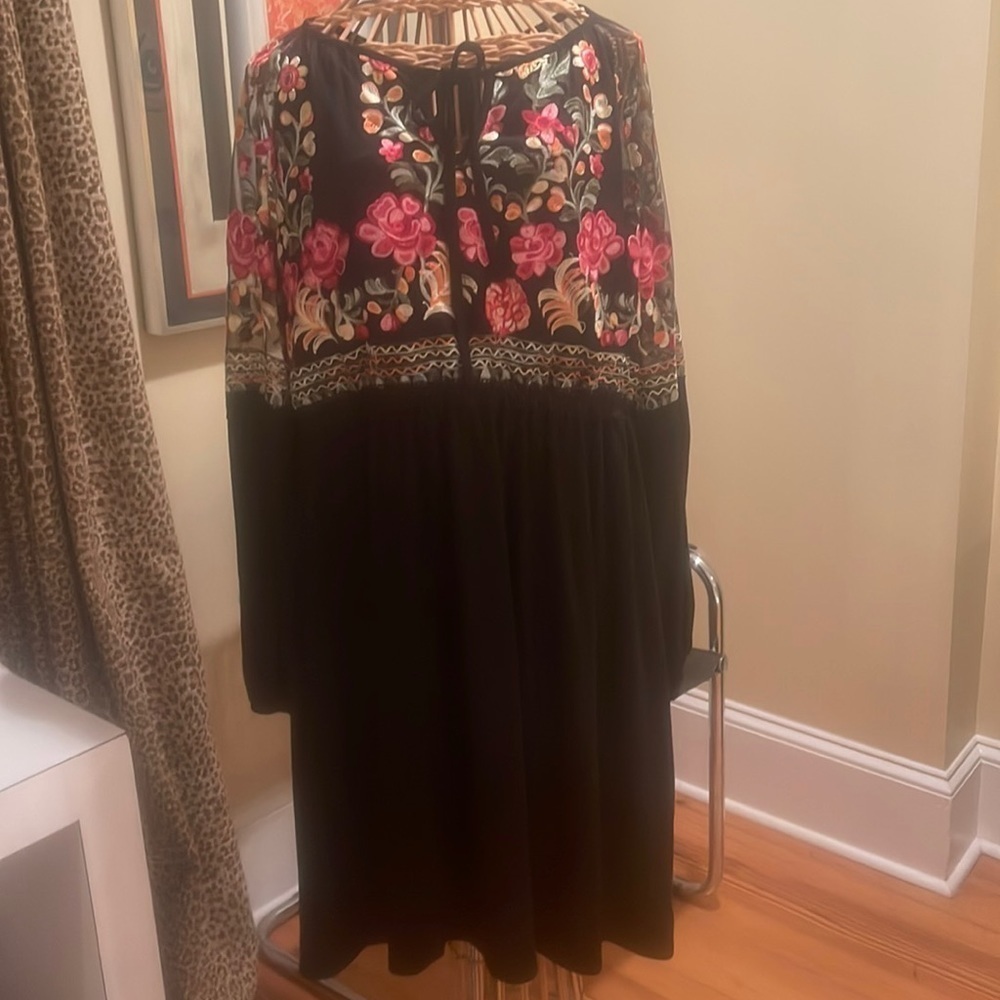 Suzanne Betro Black Dress with Pink & Green Floral Embroidery